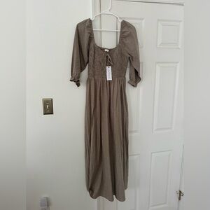 Neuflora Daytona Taupe Striped Long Sleeve Dress Smocked Bodice Cottagecore XS